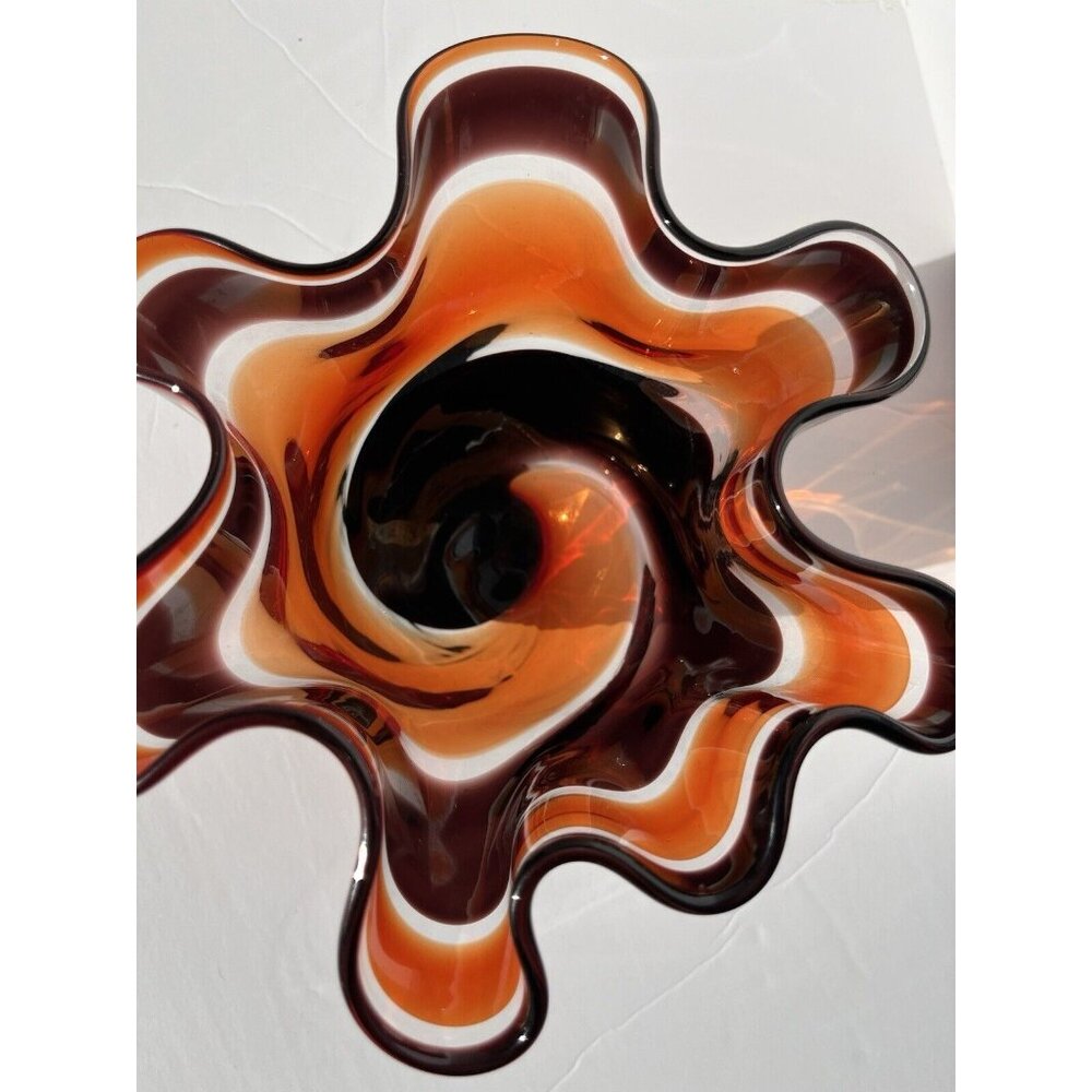 Vintage Scalloped Edge Glass Vase with Ribbons of Amethyst-Brown and Red-Orange